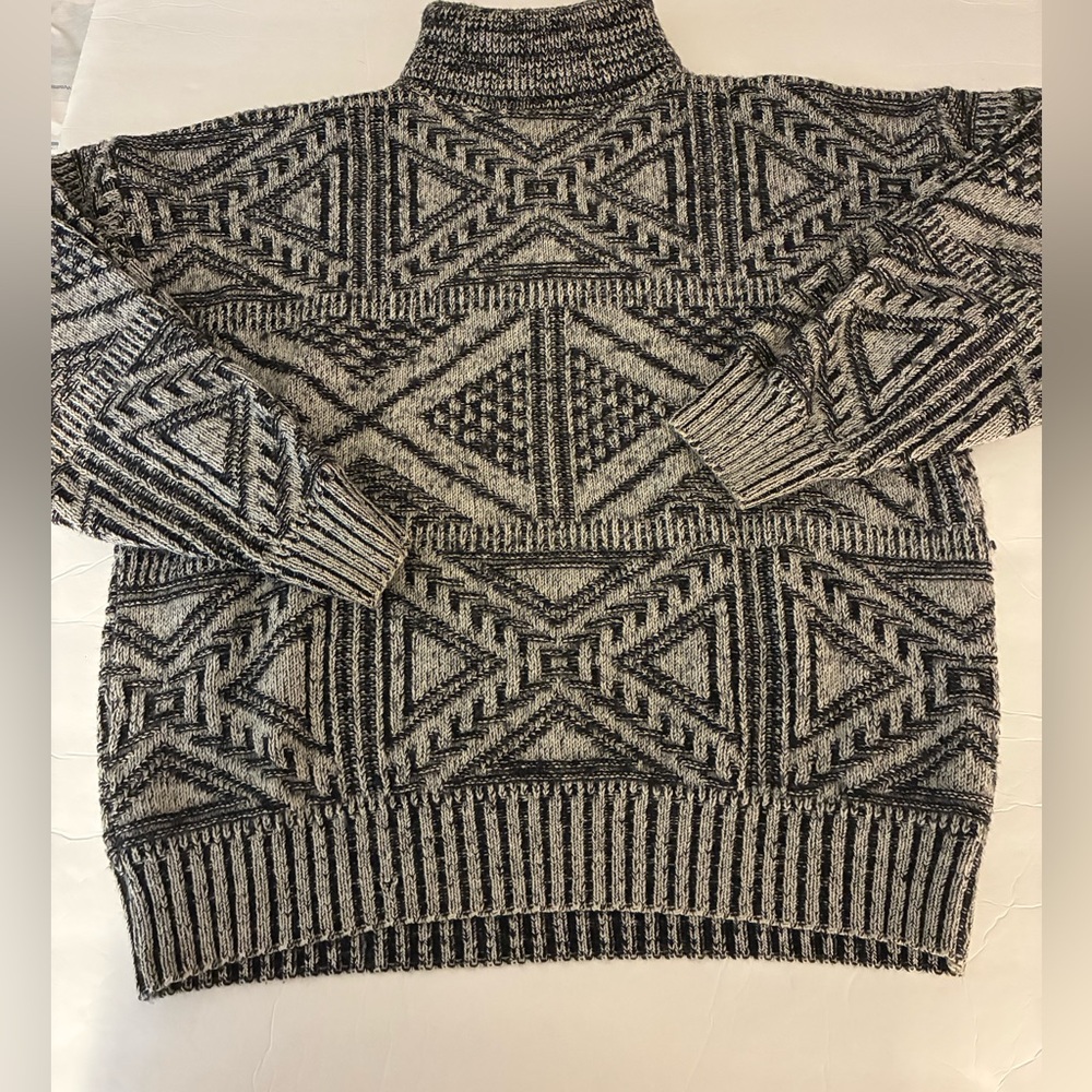 Geometric Patterned Gray Turtleneck Sweater Black… - image 1